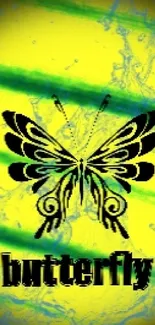 Vibrant green banana leaf wallpaper with butterfly design.