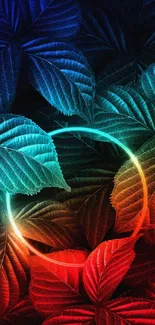 Vibrant neon circle with colorful leaves wallpaper.