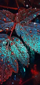 Dew-covered leaves with a teal and burgundy color palette, creating a vibrant phone wallpaper.