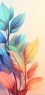 Colorful gradient leaves on artistic wallpaper.