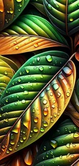 Vibrant leaf pattern with water droplets.
