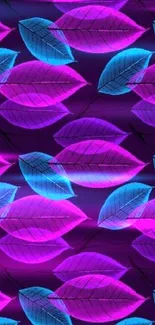 Colorful vibrant leaf pattern with purple and blue hues on mobile wallpaper.