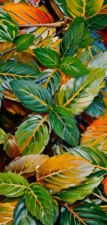 Vibrant leaves artwork with green and orange hues.