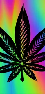 Rainbow gradient with black marijuana leaf silhouette.