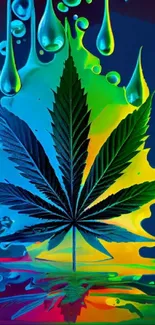 A colorful cannabis leaf with abstract splashes on a mobile wallpaper.