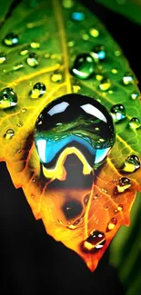 Close-up of a droplet on a vibrant leaf with green and orange hues.