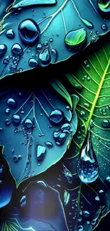 Lush green leaves with water droplets on phone wallpaper.