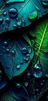 Wallpaper of vibrant green leaves with water droplets.