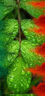 Vibrant green leaves with red and teal watercolor splashes on a phone wallpaper.