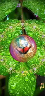 Green leaf with butterfly orb and dewdrops wallpaper.