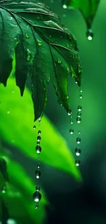 Green leaf with dew drops creating a refreshing natural wallpaper.