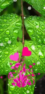 Green leaves with pink hearts and snowflakes wallpaper.