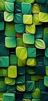 Green leafy block pattern wallpaper with vibrant abstract design.