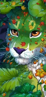 Leafy jaguar with vibrant colors and green foliage.