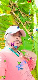 Young man takes a selfie with vibrant green leaves.