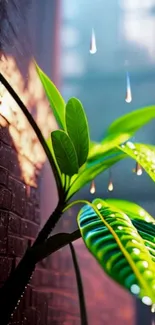 Green leafy plant with sunlight on brick wall.
