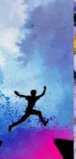 Silhouette of person leaping with vibrant sky and floral background.