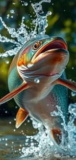 Colorful fish leaps from water with splashes.