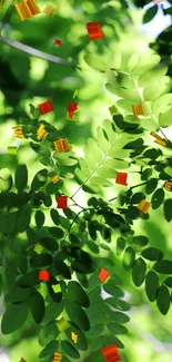 Green leaves with colorful confetti-like accents on a bright background.