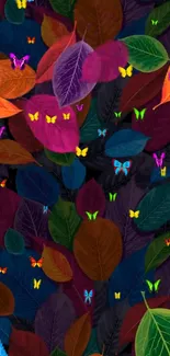 Vibrant leaves with colorful butterflies on dark wallpaper design.