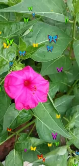 Lush green leaves with colorful butterflies and a pink flower.