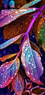 Vibrant leaves with water droplets in artistic colors.