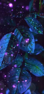 Neon-lit leaves with dew droplets in vibrant colors.