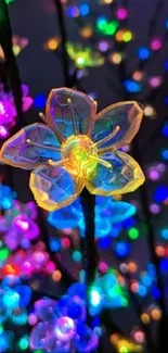 Vibrant LED flower lights with colorful bokeh in the background.