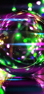 Colorful LED lights reflecting in a glass sphere on a black background.