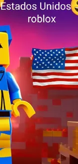 Lego figure with American flag on a vibrant pink background.