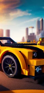 Yellow Lego car against a city backdrop with vibrant hues.