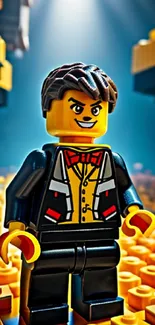 LEGO character in vibrant block background, stylish and colorful.