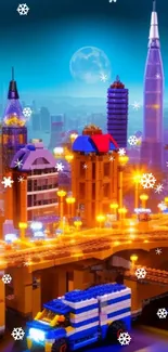 LEGO city skyline with glowing lights and a moonlit backdrop.