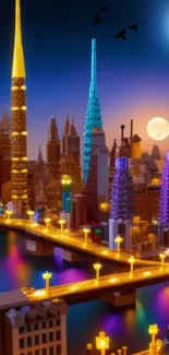 Colorful Lego cityscape with glowing buildings at night.