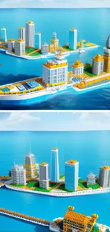 Floating Lego cityscape on vibrant blue ocean.