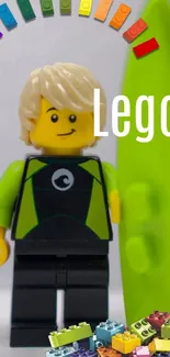 Colorful LEGO minifigure with lime green background.