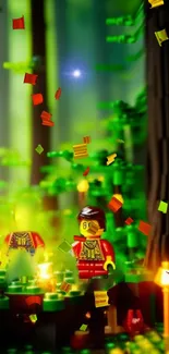 Lego characters in a vibrant, glowing forest adventure scene.