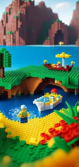 Vibrant Lego landscape with lake, greenery, and cliffs in colorful blocks.