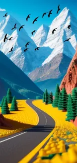 Vibrant Lego landscape with mountains and road.