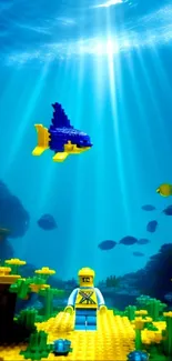 Lego ocean scene with vibrant colors and fish under a sunlit blue sea.