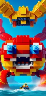 LEGO sea monster towers over ocean with vibrant colors and playful design.