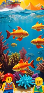 Lego figures and fish in a colorful underwater world with corals.