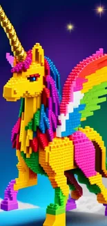 Colorful Lego unicorn with rainbow wings and a starry backdrop.