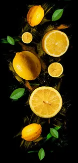 Vibrant lemon and green leaf wallpaper on black background.