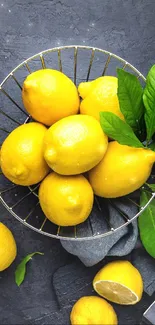 Vibrant yellow lemons in a wire basket with leafy greens.