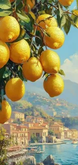 Vibrant lemons hanging over coastal village.