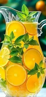 A vibrant wallpaper of a lemon-filled jug with green leaves surrounding it.