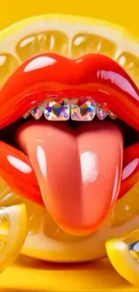 Artistic wallpaper with red lips and lemons.