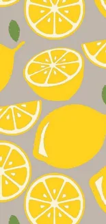 Vibrant lemon and leaf pattern wallpaper with a soft gray backdrop.