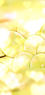 Lemon slices with heart bokeh background in bright yellow hue.